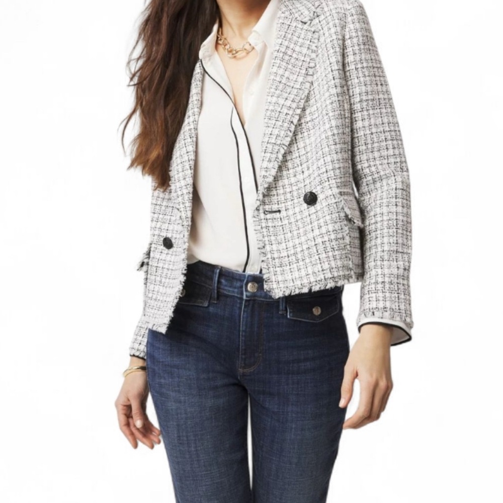NWOT WHBM Cropped Tweed Jacket Black/Ecru Crosshatch Size 2